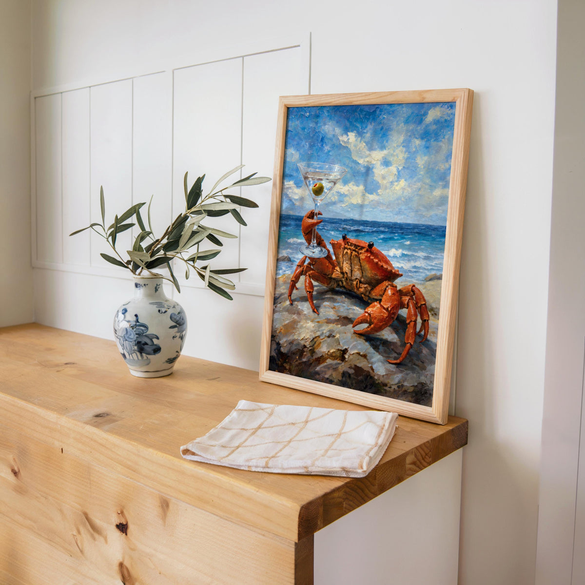 Cin Cin Martini Crab Print, Funny Coastal Bar Poster, Ocean Animal Decor, Vintage Seafood & Cocktail Wall Art, Beach House Nautical Painting