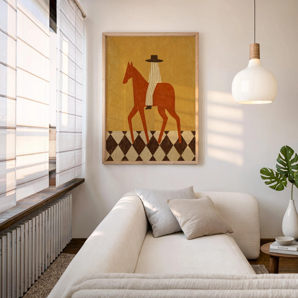 Western horse wall art hung above a cream sofa in a bright living room, mustard yellow field and diamond border