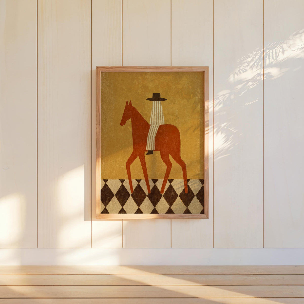 Vertical western horse wall art hung on shiplap, soft window light, simplified cowboy silhouette and texture