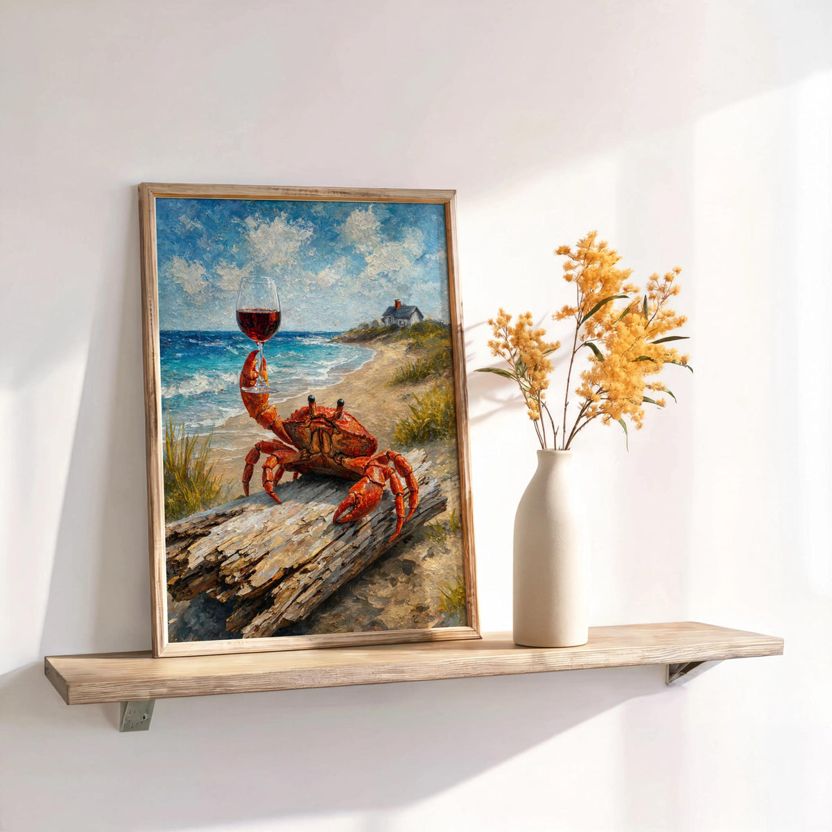Crab With Red Wine Print, Funny Coastal Wall Art, Beach House Poster, Seafood Seaside Painting, Ocean Lover Gift, Nautical Kitchen Artwork