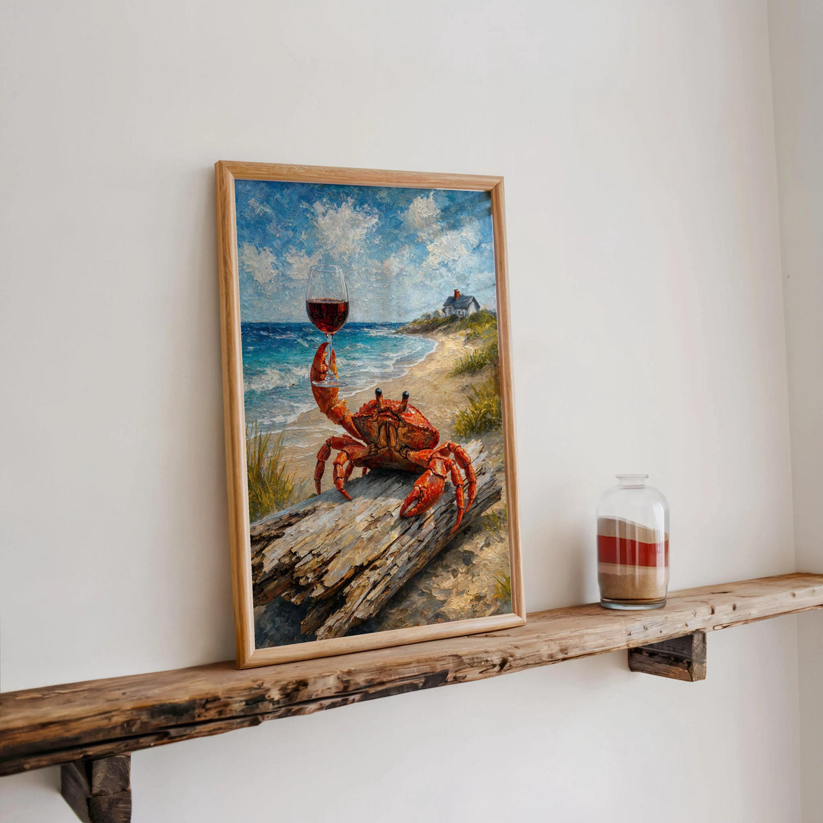 Crab With Red Wine Print, Funny Coastal Wall Art, Beach House Poster, Seafood Seaside Painting, Ocean Lover Gift, Nautical Kitchen Artwork