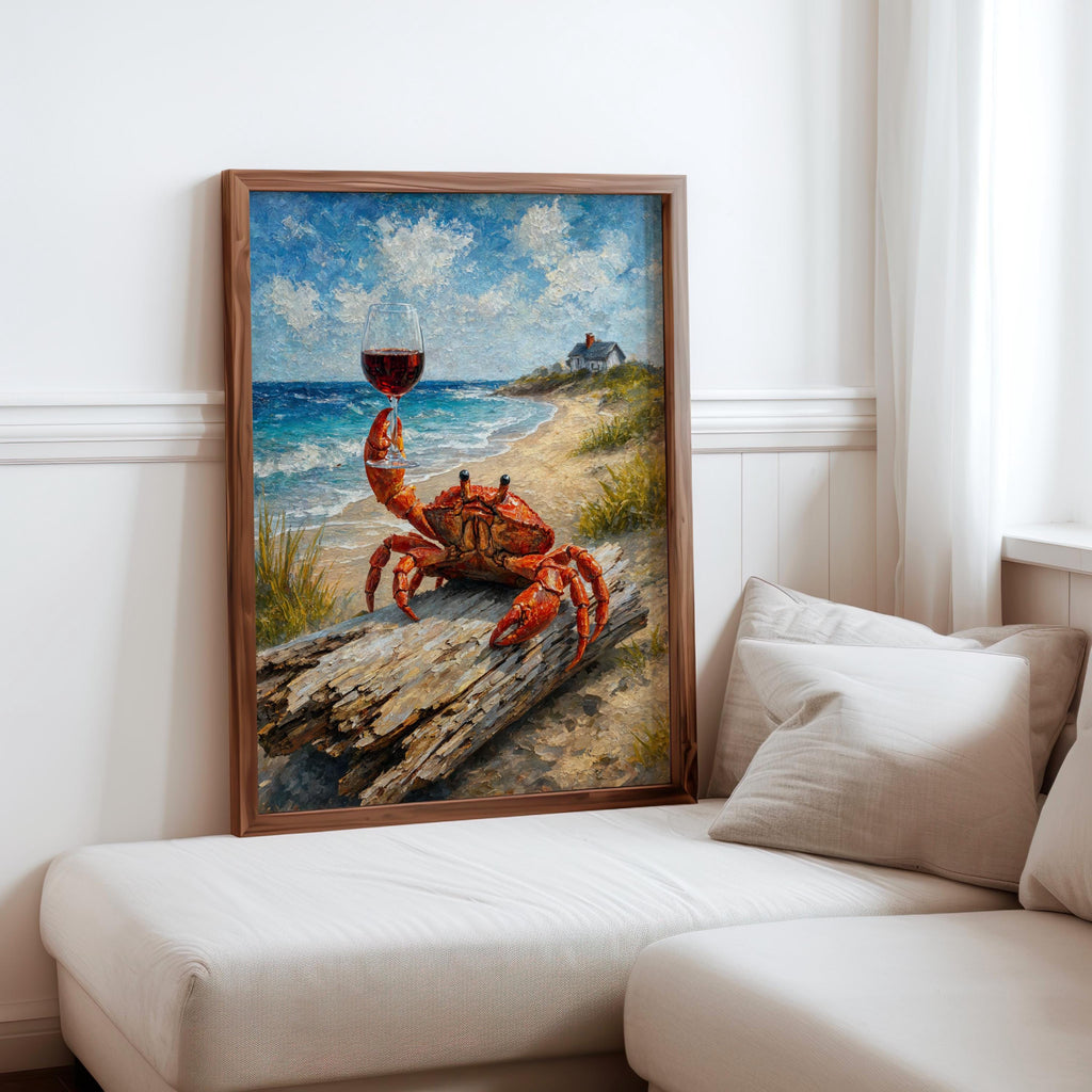 Crab With Red Wine Print, Funny Coastal Wall Art, Beach House Poster, Seafood Seaside Painting, Ocean Lover Gift, Nautical Kitchen Artwork
