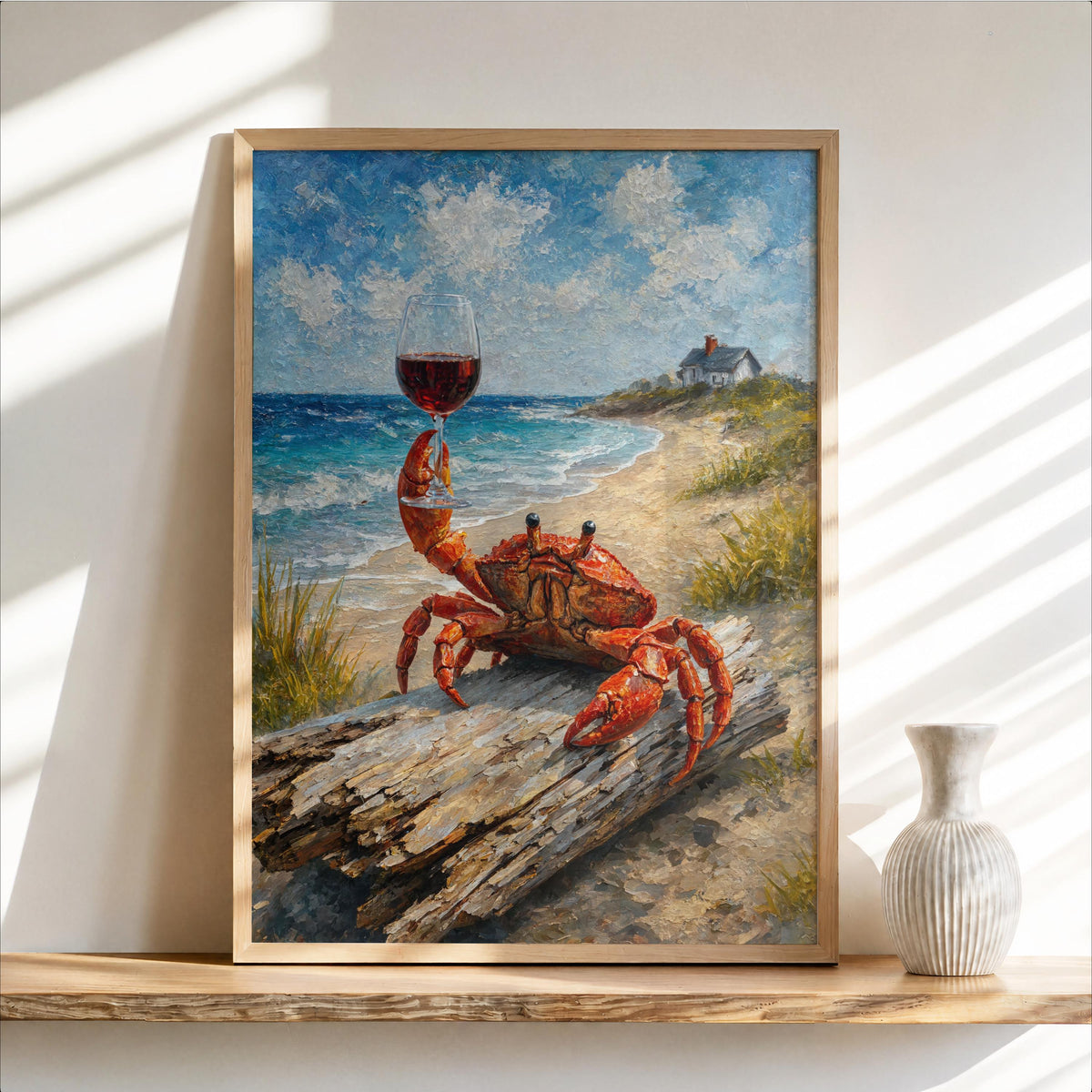 Crab With Red Wine Print, Funny Coastal Wall Art, Beach House Poster, Seafood Seaside Painting, Ocean Lover Gift, Nautical Kitchen Artwork
