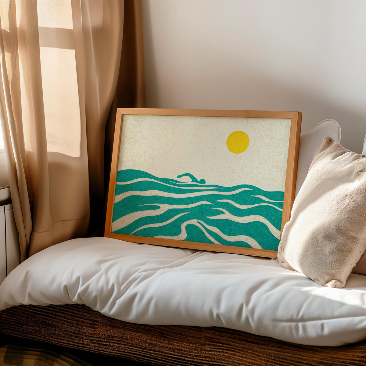 Minimalist Swimming Artwork, Abstract Sea Print, Vintage Mid Century Swimmer Poster, Modern Coastal Art, Blue Wave Illustration, Summer Gift