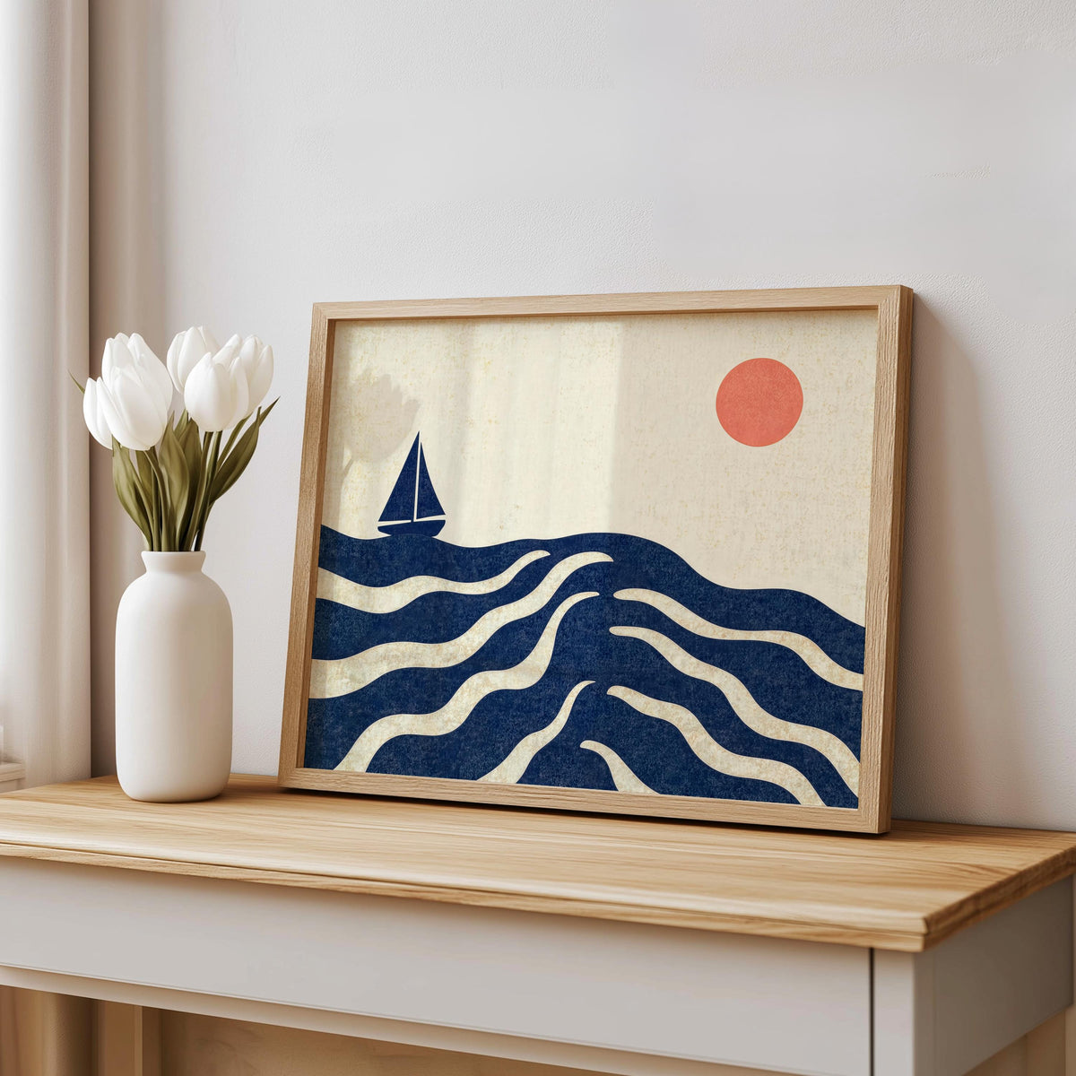 Sailboat on Ocean Print, Abstract Nautical Poster, Blue Wave Artwork, Coastal Summer Wall Art, Retro Seaside Illustration, Beach House Gift