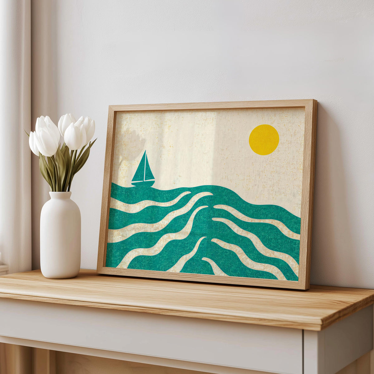 Sailboat on Ocean Print, Abstract Nautical Poster, Blue Wave Artwork, Coastal Summer Wall Art, Retro Seaside Illustration, Beach House Gift