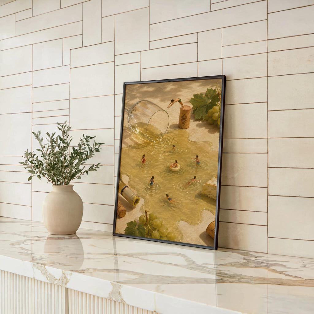 Framed print propped on tiled kitchen counter, plant beside it, surreal wine wall art showing a white wine pool scene