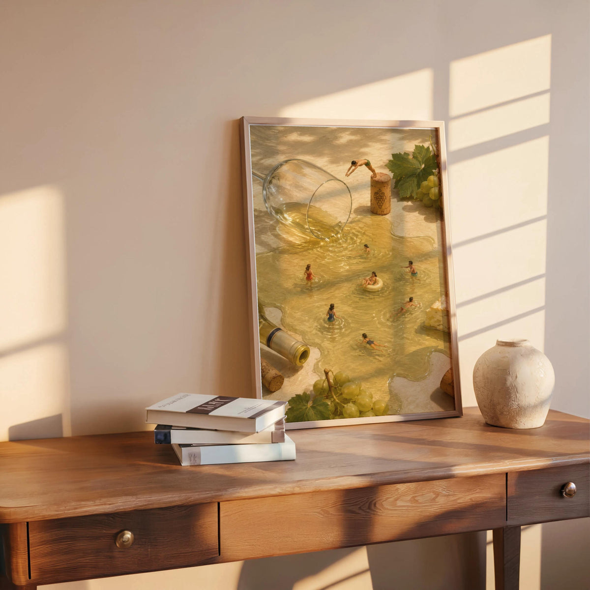 Print on a rustic table warmed by sunlight, stacked books and a ceramic bowl, surreal wine wall art in vintage style