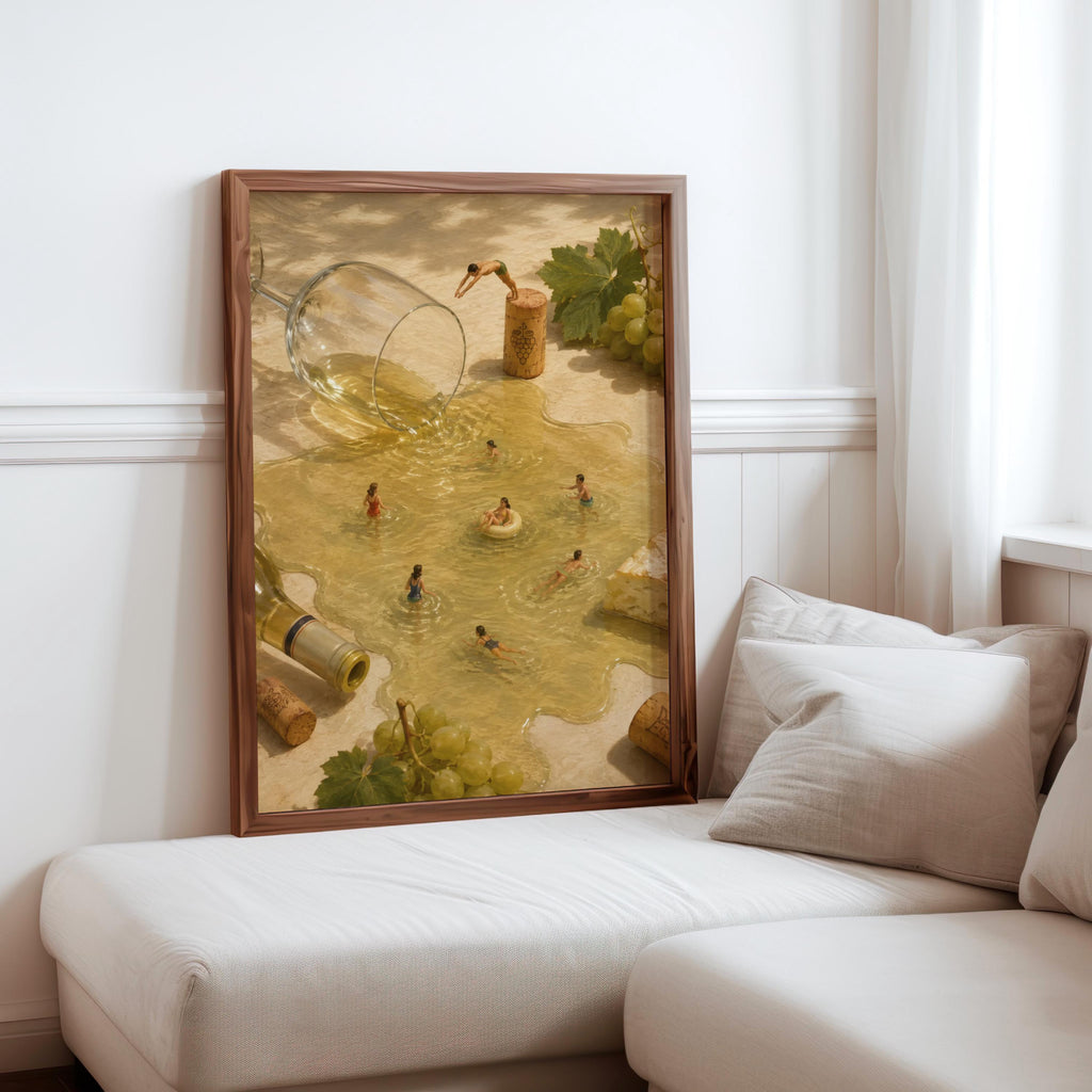 Print beside a cushioned sofa on a low shelf, soft tan palette, surreal wine wall art with playful wine pool detail
