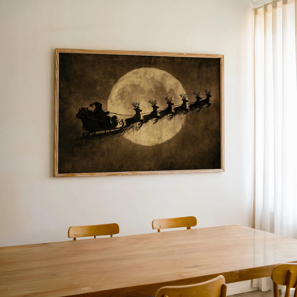 Vintage Santa Sleigh Print, Reindeer Flying Over Full Moon, Rustic Christmas Wall Art, Antique Holiday Decor, Moody Dark Winter Poster