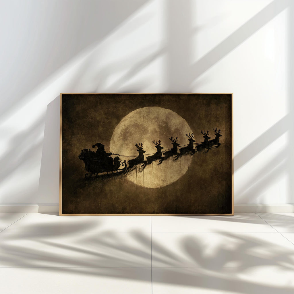 Vintage Santa Sleigh Print, Reindeer Flying Over Full Moon, Rustic Christmas Wall Art, Antique Holiday Decor, Moody Dark Winter Poster