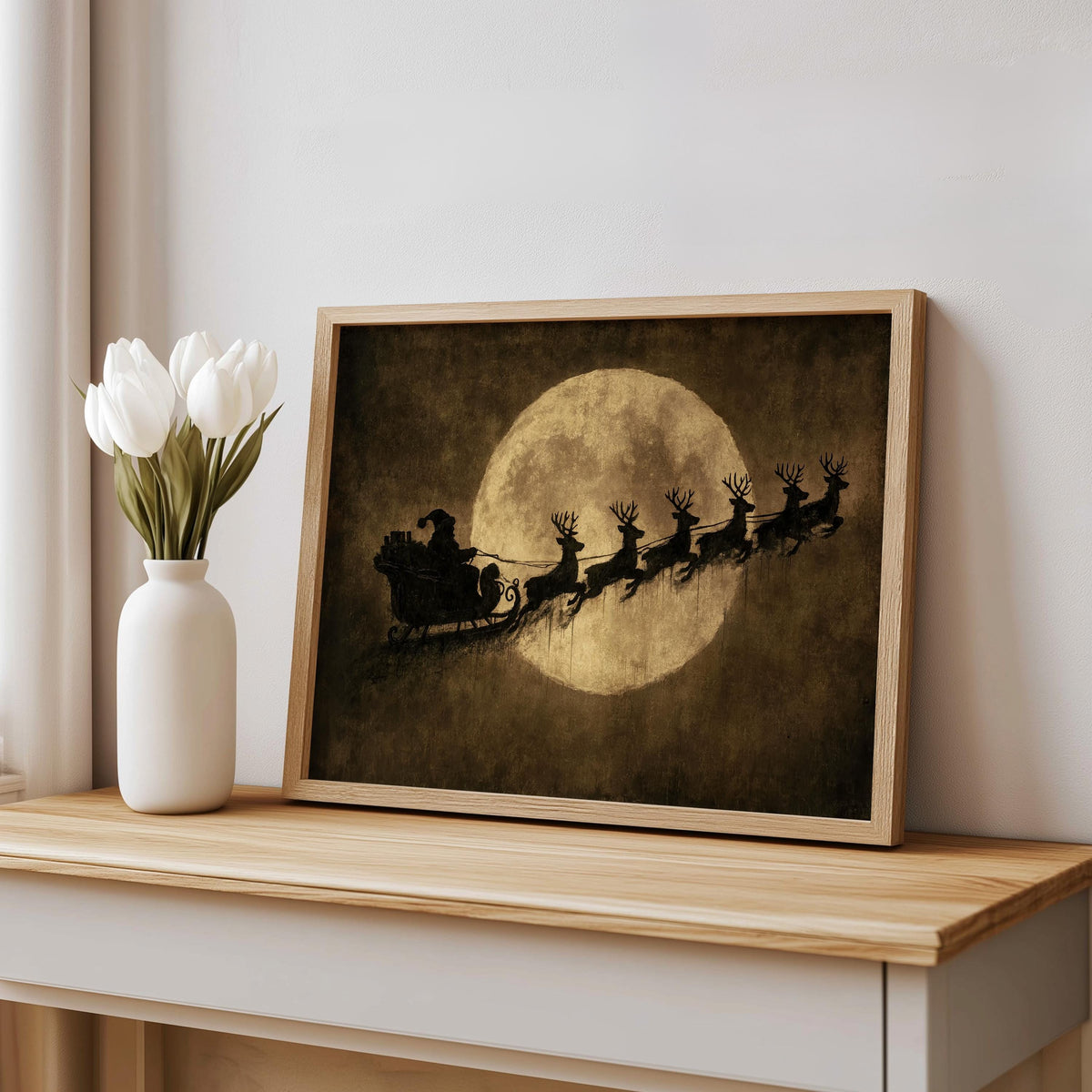 Vintage Santa Sleigh Print, Reindeer Flying Over Full Moon, Rustic Christmas Wall Art, Antique Holiday Decor, Moody Dark Winter Poster