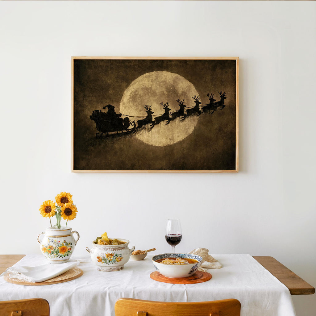Vintage Santa Sleigh Print, Reindeer Flying Over Full Moon, Rustic Christmas Wall Art, Antique Holiday Decor, Moody Dark Winter Poster
