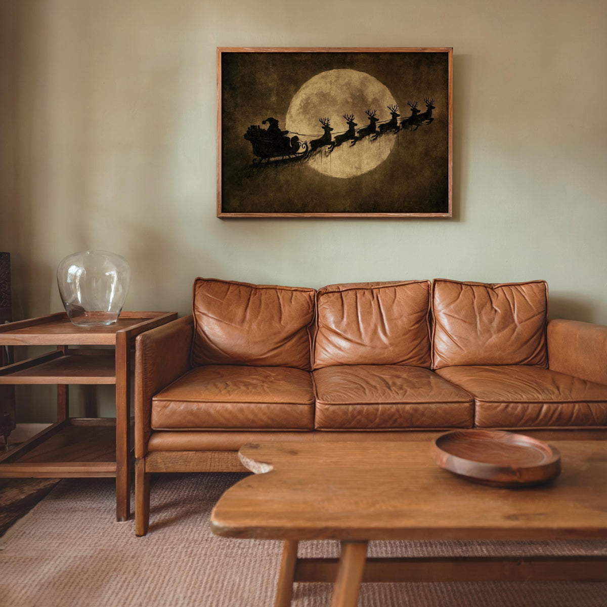 Vintage Santa Sleigh Print, Reindeer Flying Over Full Moon, Rustic Christmas Wall Art, Antique Holiday Decor, Moody Dark Winter Poster