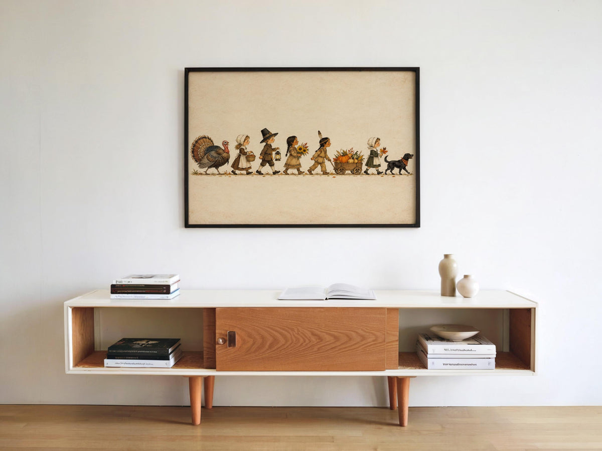Thanksgiving Parade Wall Art, Vintage Pilgrim Kids Print, Turkey and Pumpkin Decor, Rustic Fall Poster, Harvest Home Gift
