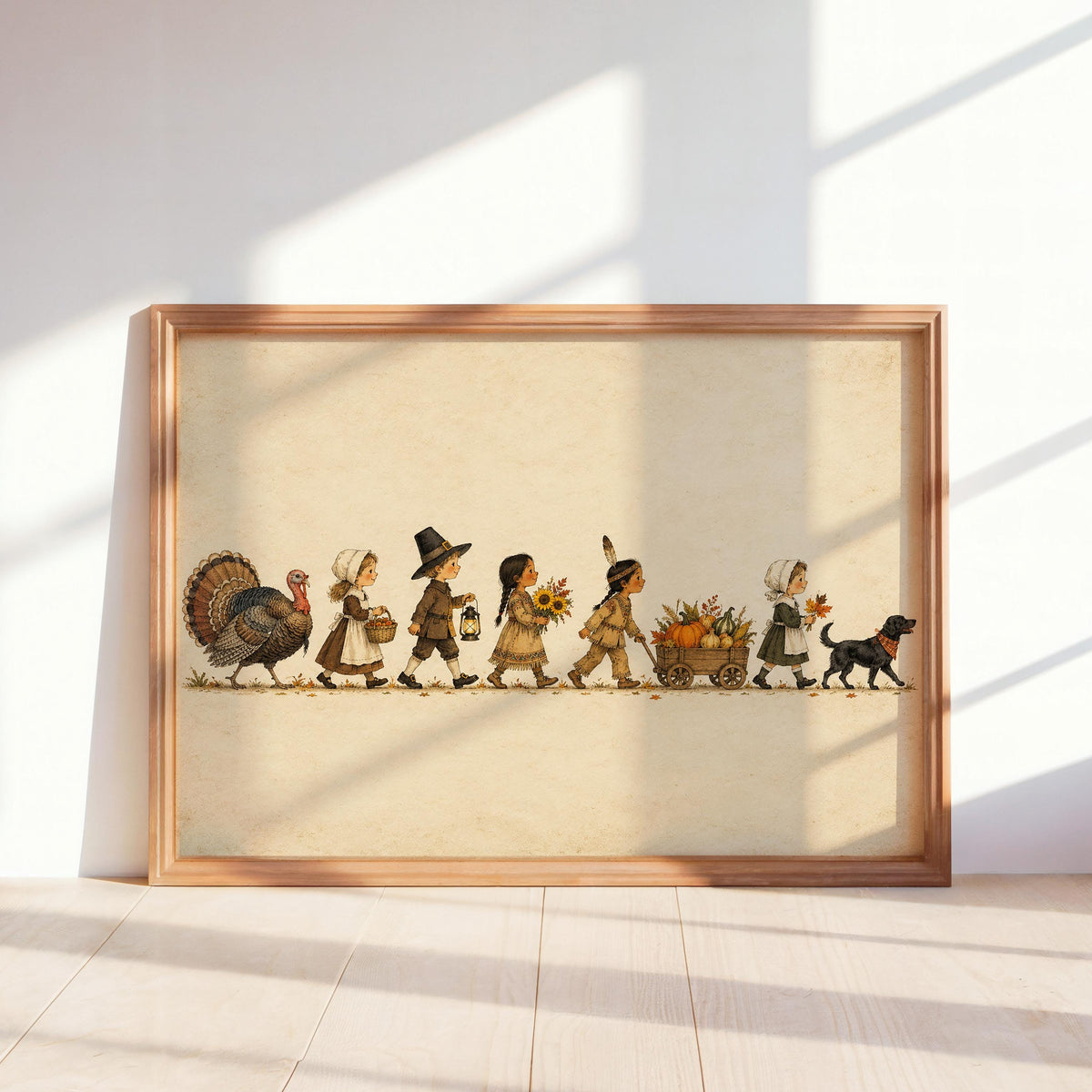 Thanksgiving Parade Wall Art, Vintage Pilgrim Kids Print, Turkey and Pumpkin Decor, Rustic Fall Poster, Harvest Home Gift