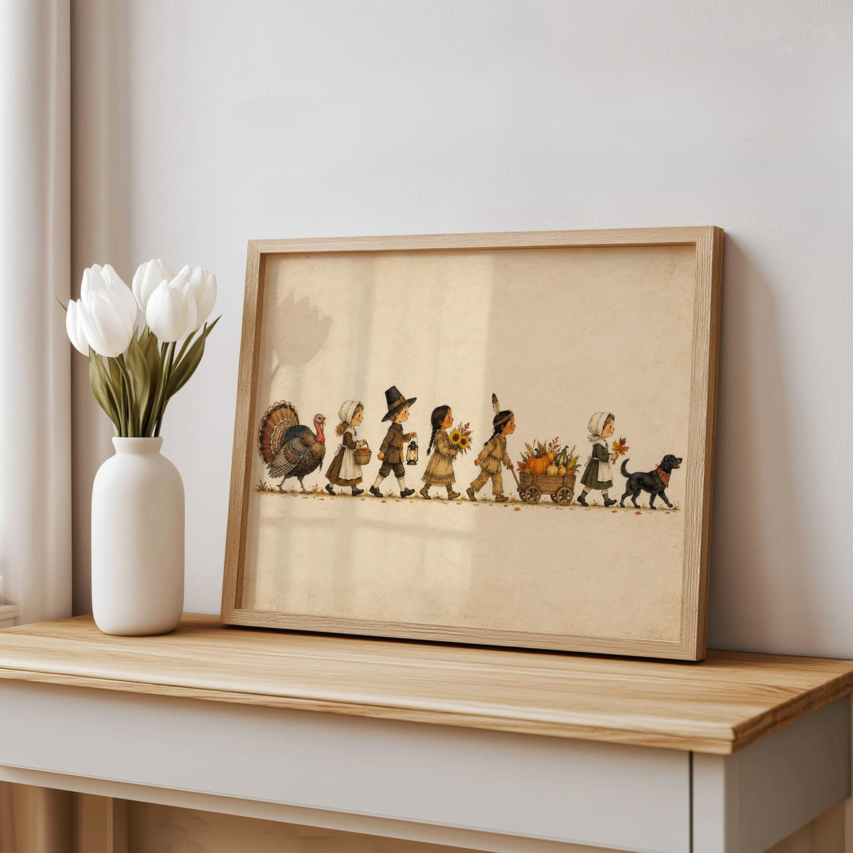 Thanksgiving Parade Wall Art, Vintage Pilgrim Kids Print, Turkey and Pumpkin Decor, Rustic Fall Poster, Harvest Home Gift