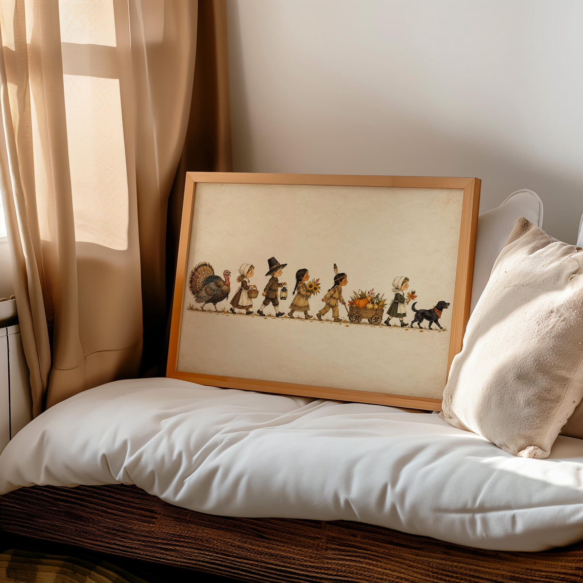 Thanksgiving Parade Wall Art, Vintage Pilgrim Kids Print, Turkey and Pumpkin Decor, Rustic Fall Poster, Harvest Home Gift