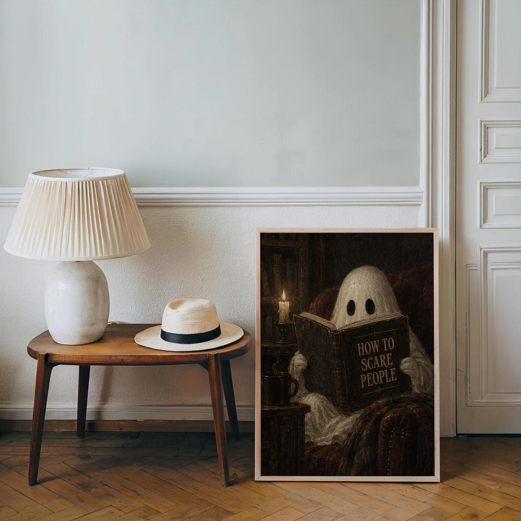 Ghost Reading Print, How to Scare People Halloween Poster, Gothic Cozy Wall Art, Vintage Spooky Decor, Dark Academia Gift, Haunted Library