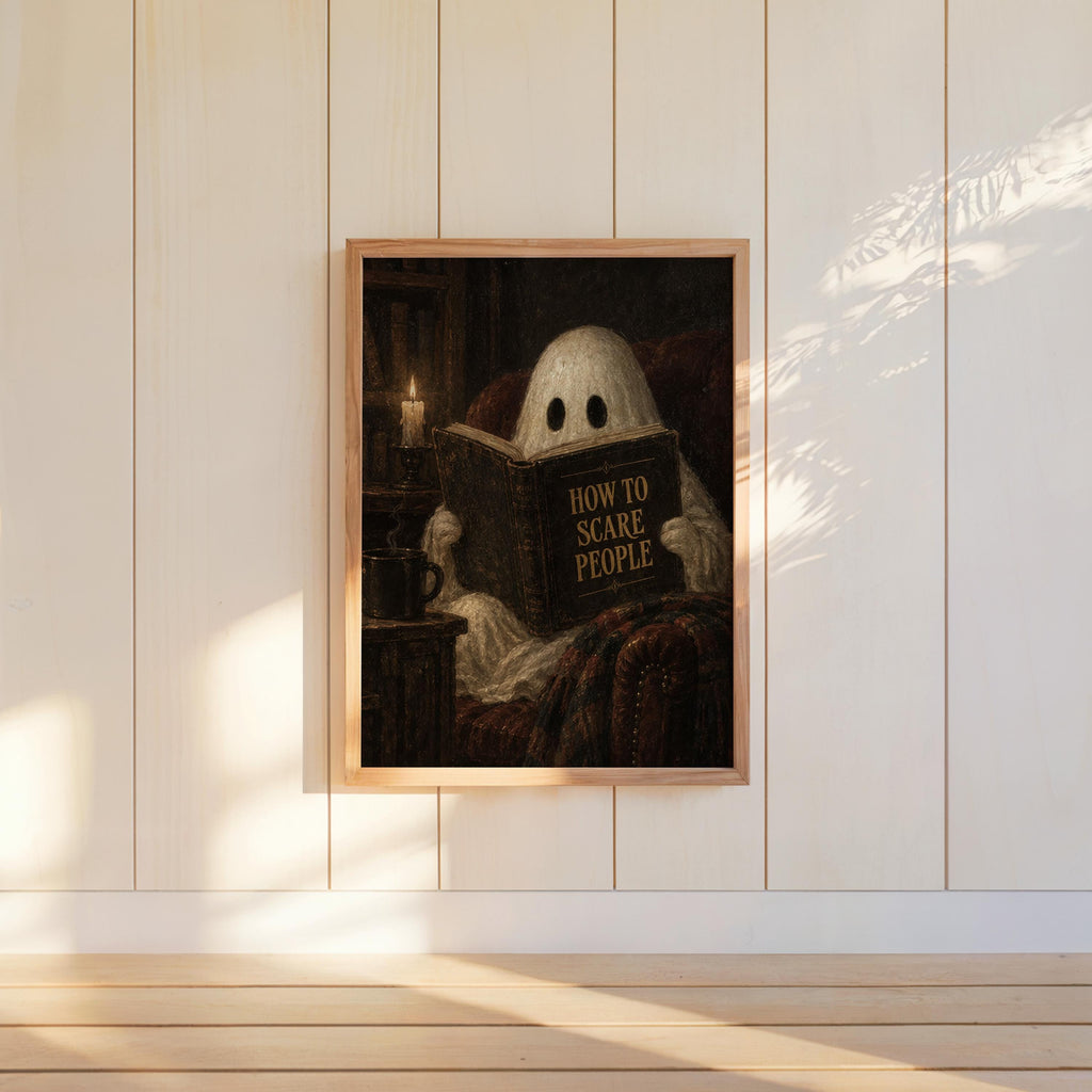 Ghost Reading Print, How to Scare People Halloween Poster, Gothic Cozy Wall Art, Vintage Spooky Decor, Dark Academia Gift, Haunted Library