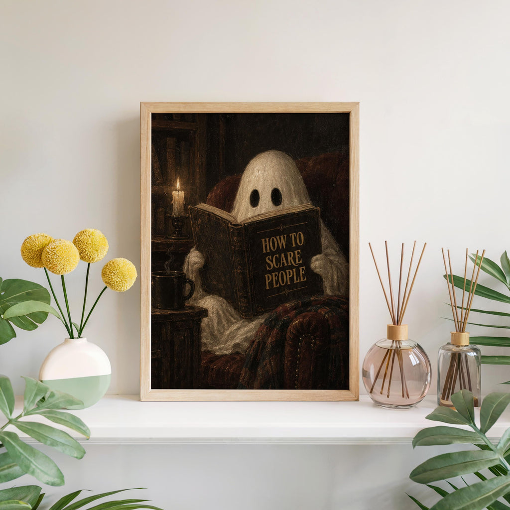 Ghost Reading Print, How to Scare People Halloween Poster, Gothic Cozy Wall Art, Vintage Spooky Decor, Dark Academia Gift, Haunted Library