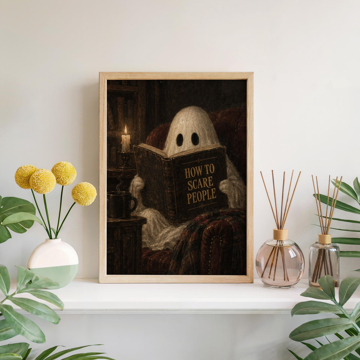 Ghost Reading Print, How to Scare People Halloween Poster, Gothic Cozy Wall Art, Vintage Spooky Decor, Dark Academia Gift, Haunted Library