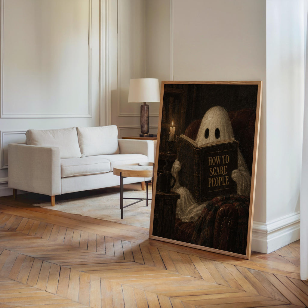 Ghost Reading Print, How to Scare People Halloween Poster, Gothic Cozy Wall Art, Vintage Spooky Decor, Dark Academia Gift, Haunted Library