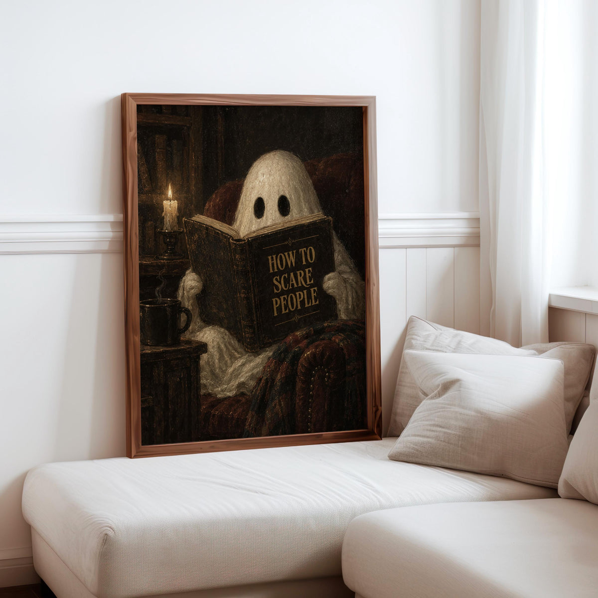Ghost Reading Print, How to Scare People Halloween Poster, Gothic Cozy Wall Art, Vintage Spooky Decor, Dark Academia Gift, Haunted Library