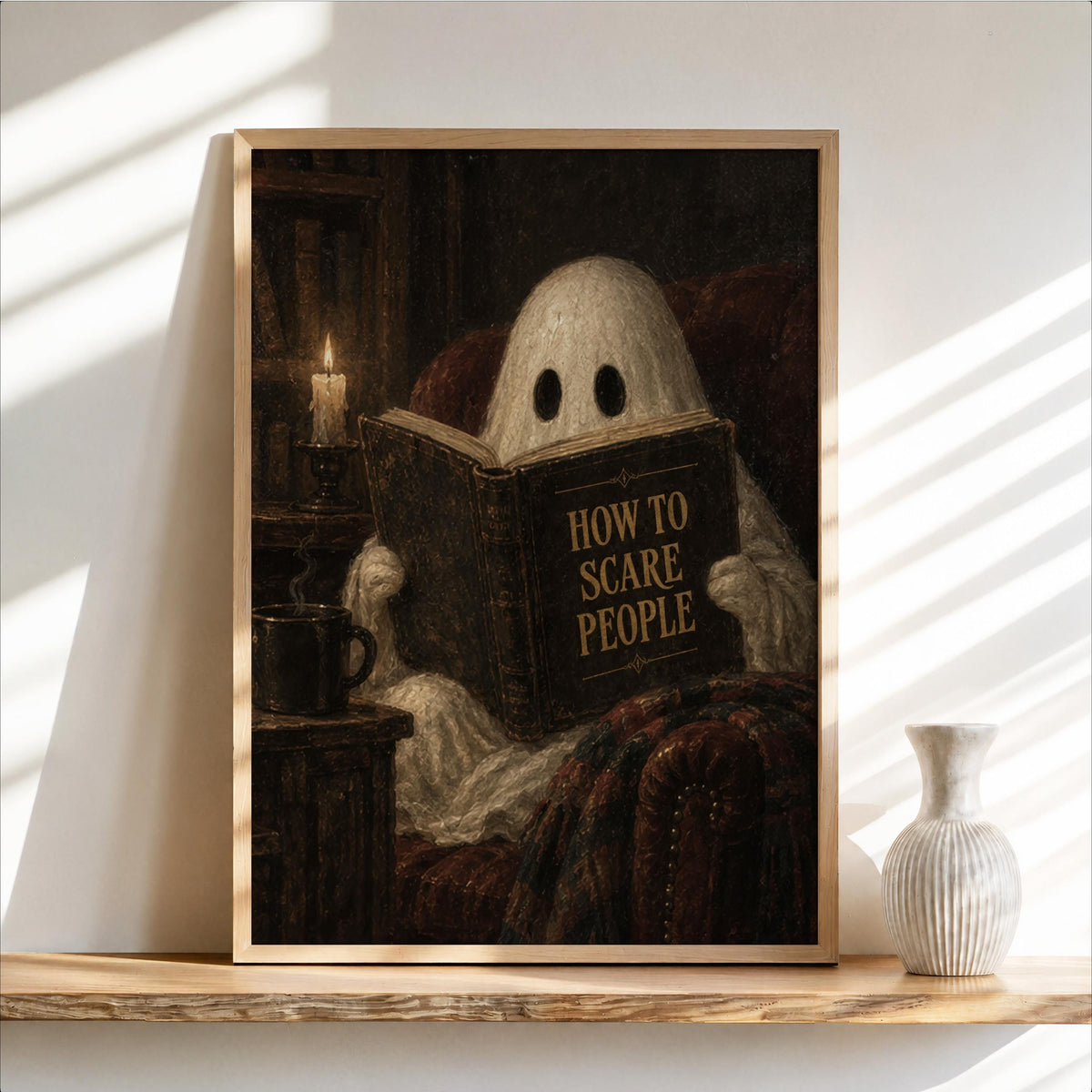 Ghost Reading Print, How to Scare People Halloween Poster, Gothic Cozy Wall Art, Vintage Spooky Decor, Dark Academia Gift, Haunted Library