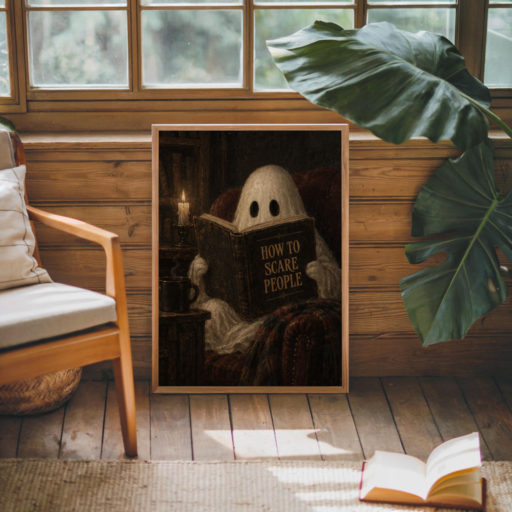 Ghost Reading Print, How to Scare People Halloween Poster, Gothic Cozy Wall Art, Vintage Spooky Decor, Dark Academia Gift, Haunted Library