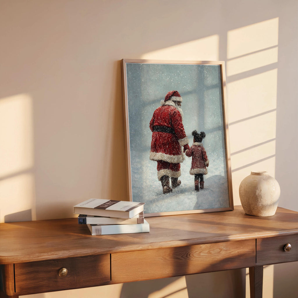 Black Santa Claus & Child Christmas Print, Vintage Winter Wall Art, Snowy Holiday, Cozy African American Decor, Classic Afrocentric Poster
