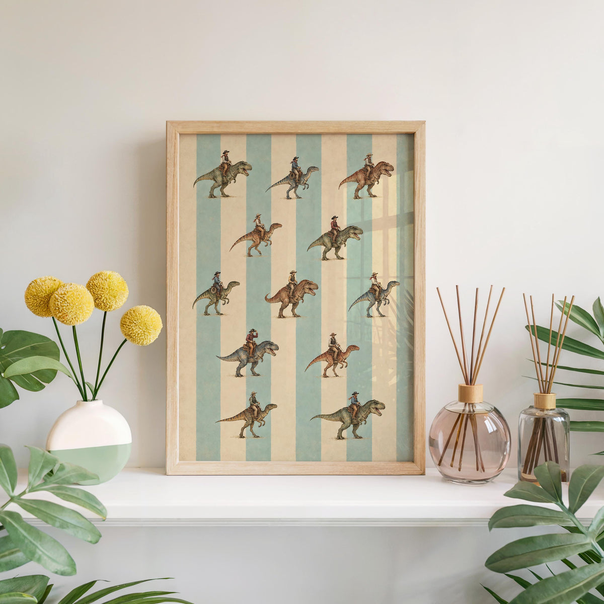 Cowboy Riding Dinosaur Wall Art, Vintage Striped Western Print, Retro T-Rex Rider Poster, Funny Ranch Decor, Quirky Americana Nursery Gift