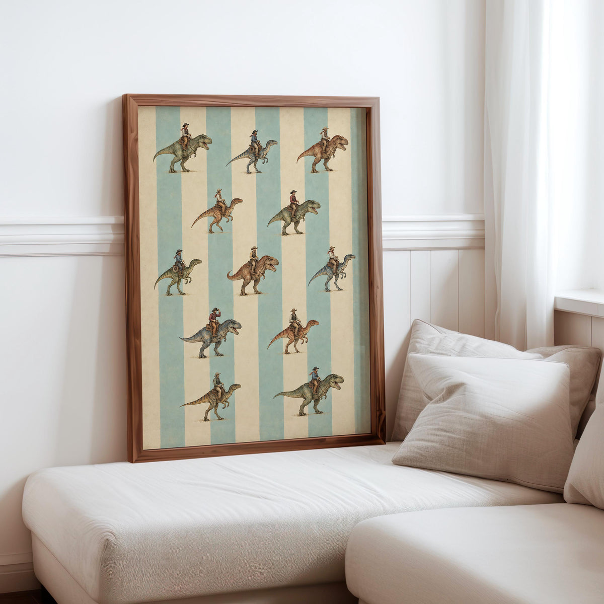 Cowboy Riding Dinosaur Wall Art, Vintage Striped Western Print, Retro T-Rex Rider Poster, Funny Ranch Decor, Quirky Americana Nursery Gift