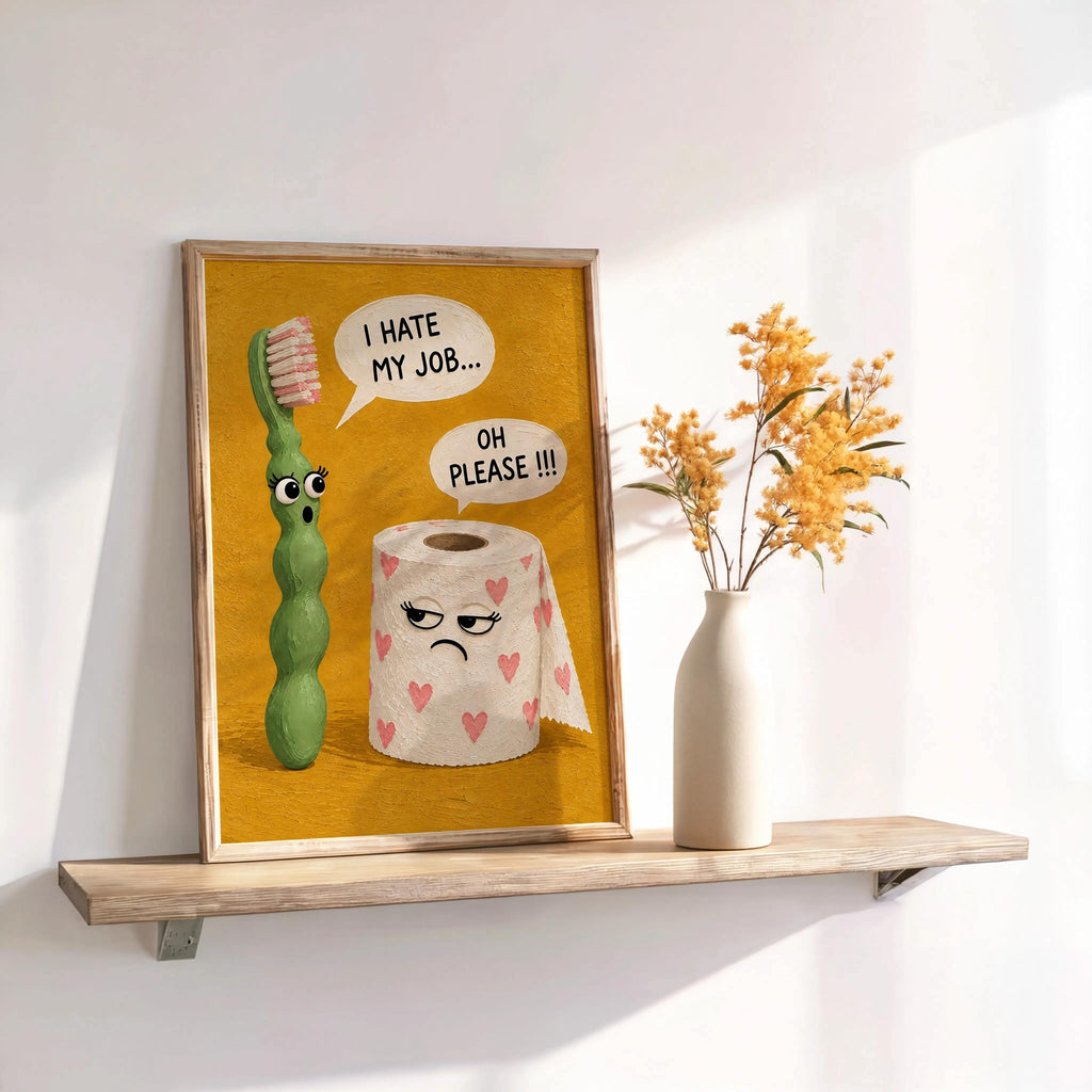I Hate My Job Bathroom Wall Art, Funny Toilet Paper & Toothbrush Print, Sarcastic Restroom Decor, Quirky Guest Loo Sign, Kids Poster