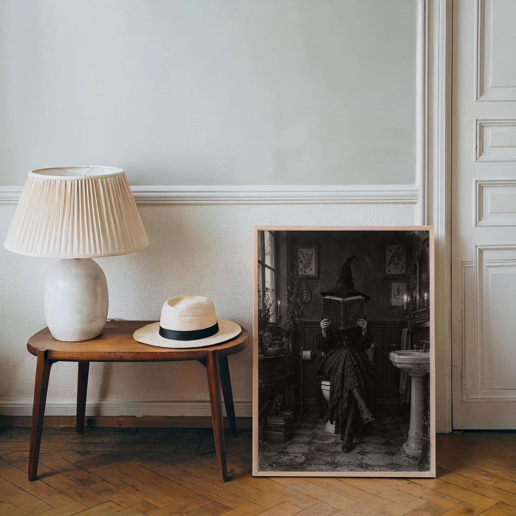 Halloween Witch Reading on Toilet Print, Funny Witchy Bookish Wall Art, Gothic Spooky Bathroom Poster, Antique Black White Book Lover Decor
