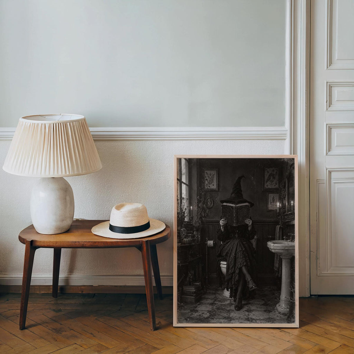 Halloween Witch Reading on Toilet Print, Funny Witchy Bookish Wall Art, Gothic Spooky Bathroom Poster, Antique Black White Book Lover Decor