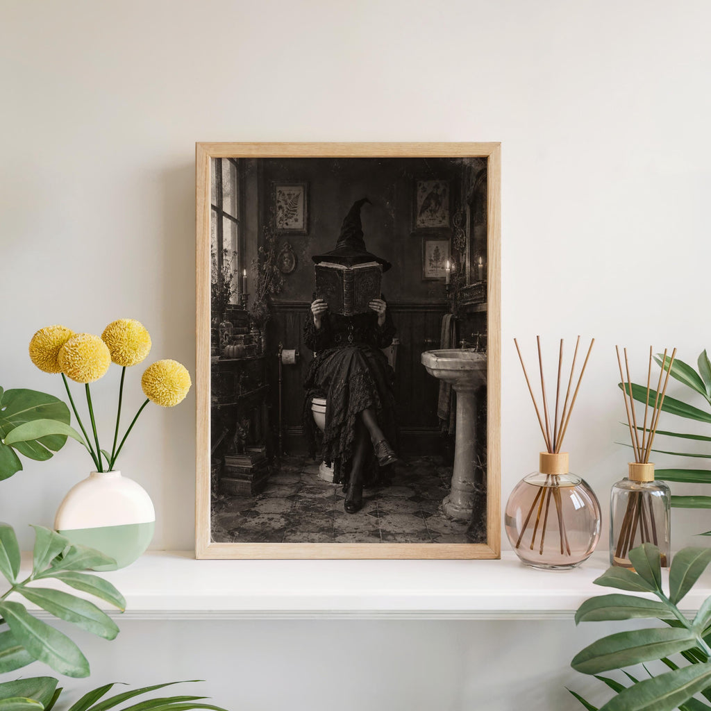 Halloween Witch Reading on Toilet Print, Funny Witchy Bookish Wall Art, Gothic Spooky Bathroom Poster, Antique Black White Book Lover Decor