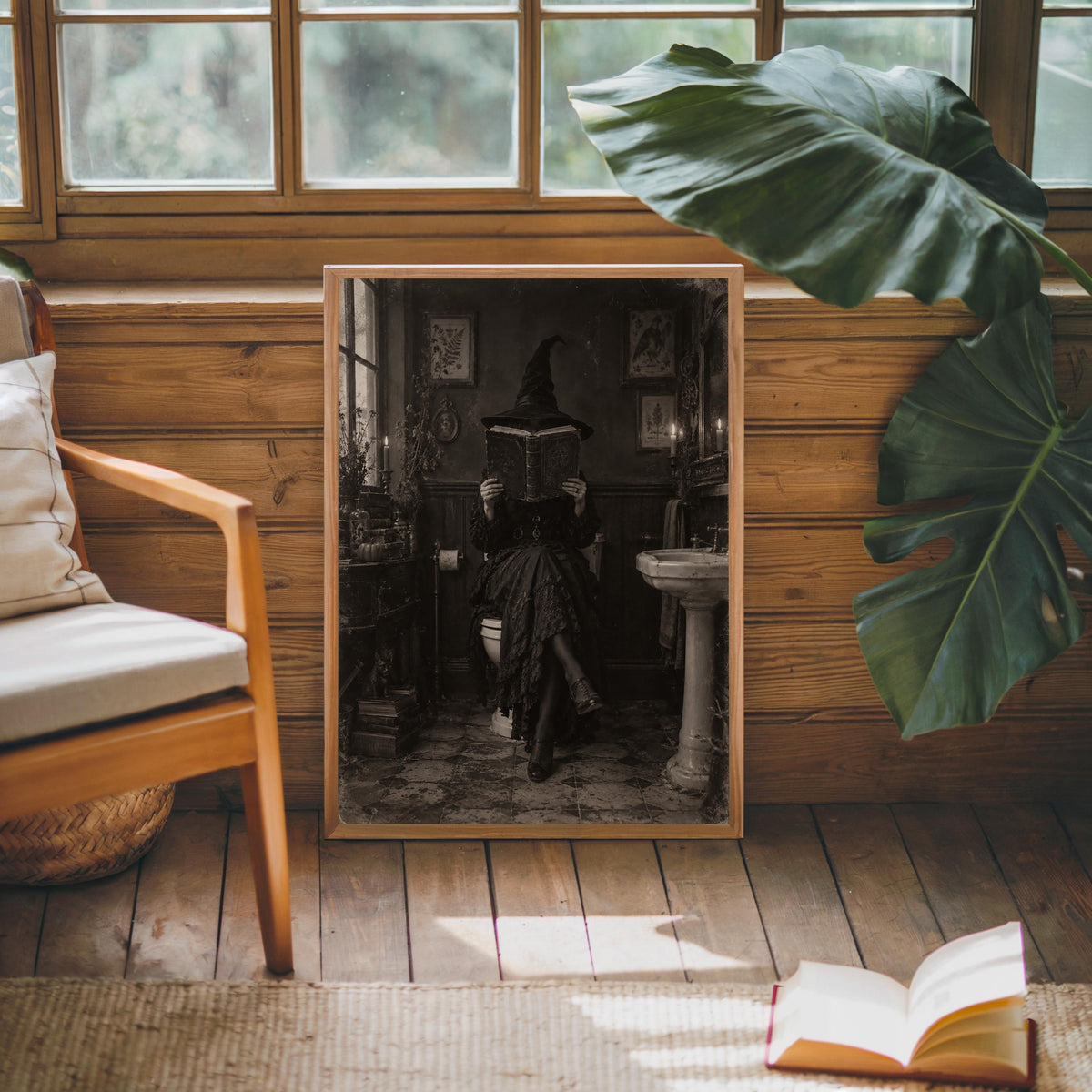 Halloween Witch Reading on Toilet Print, Funny Witchy Bookish Wall Art, Gothic Spooky Bathroom Poster, Antique Black White Book Lover Decor