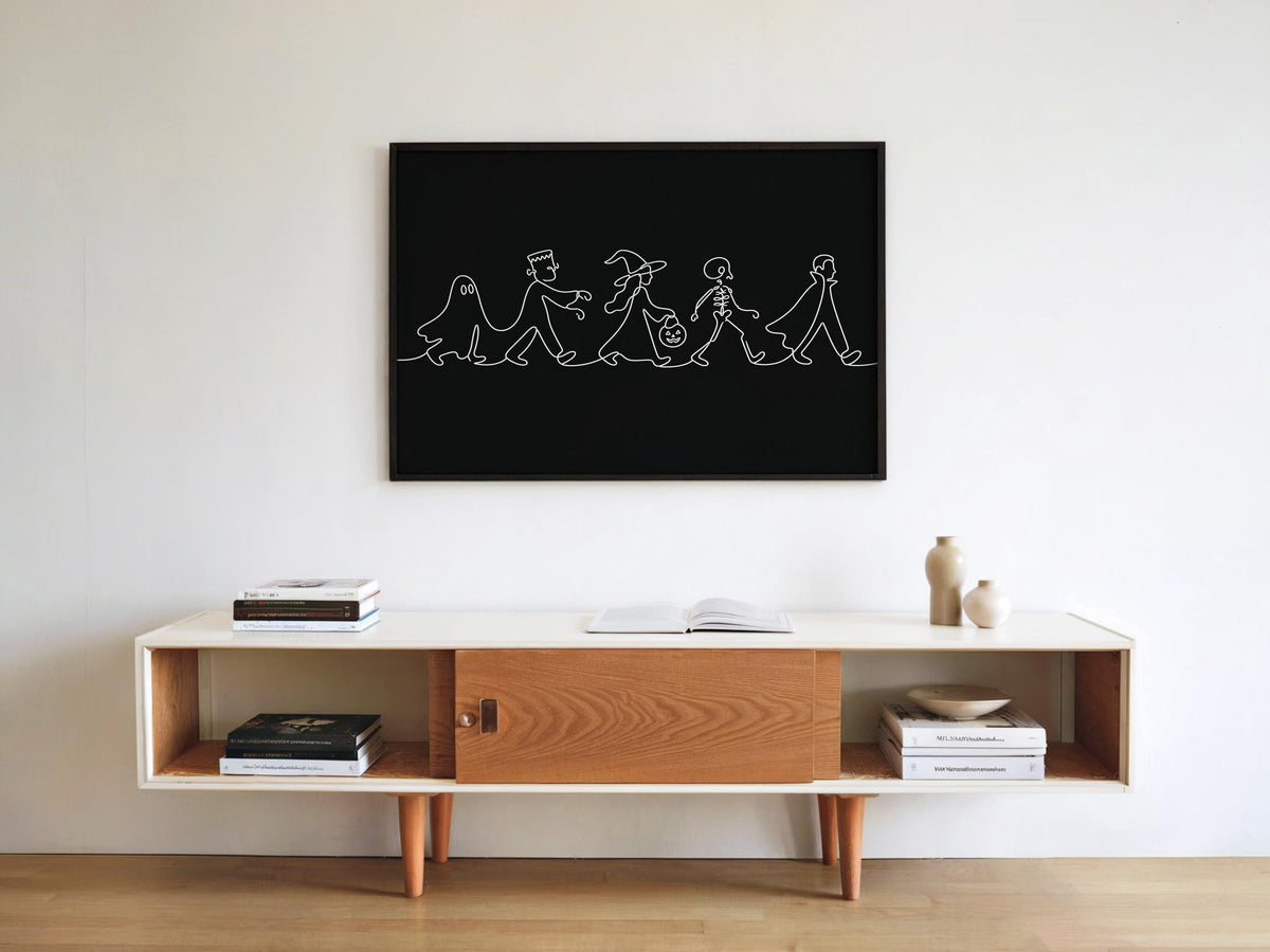 Minimalist Halloween Line Art, Ghost Witch & Skeleton Wall Print, Spooky Season Kids Parade Illustration, Modern Kids Decor, Seasonal Gift
