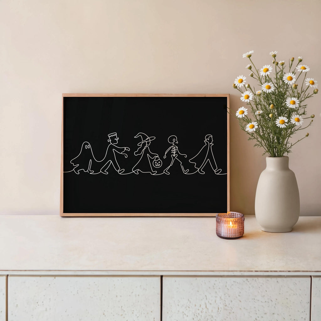 Minimalist Halloween Line Art, Ghost Witch & Skeleton Wall Print, Spooky Season Kids Parade Illustration, Modern Kids Decor, Seasonal Gift