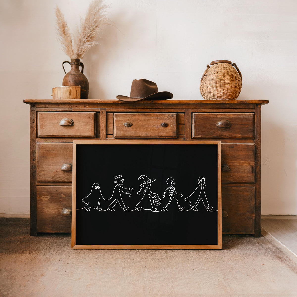 Minimalist Halloween Line Art, Ghost Witch & Skeleton Wall Print, Spooky Season Kids Parade Illustration, Modern Kids Decor, Seasonal Gift