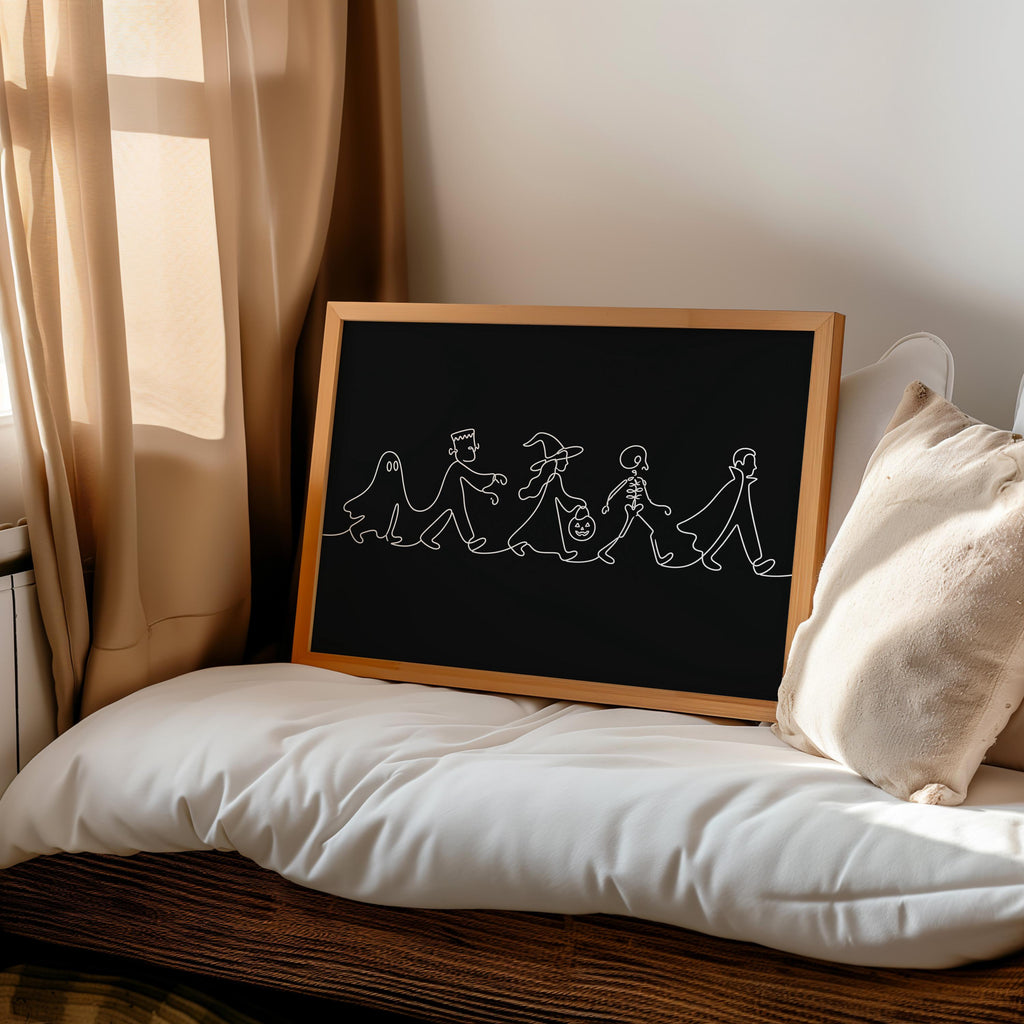 Minimalist Halloween Line Art, Ghost Witch & Skeleton Wall Print, Spooky Season Kids Parade Illustration, Modern Kids Decor, Seasonal Gift