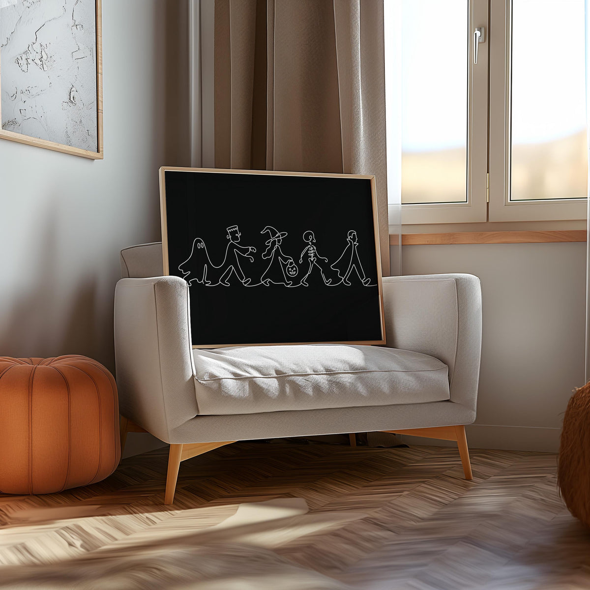 Minimalist Halloween Line Art, Ghost Witch & Skeleton Wall Print, Spooky Season Kids Parade Illustration, Modern Kids Decor, Seasonal Gift