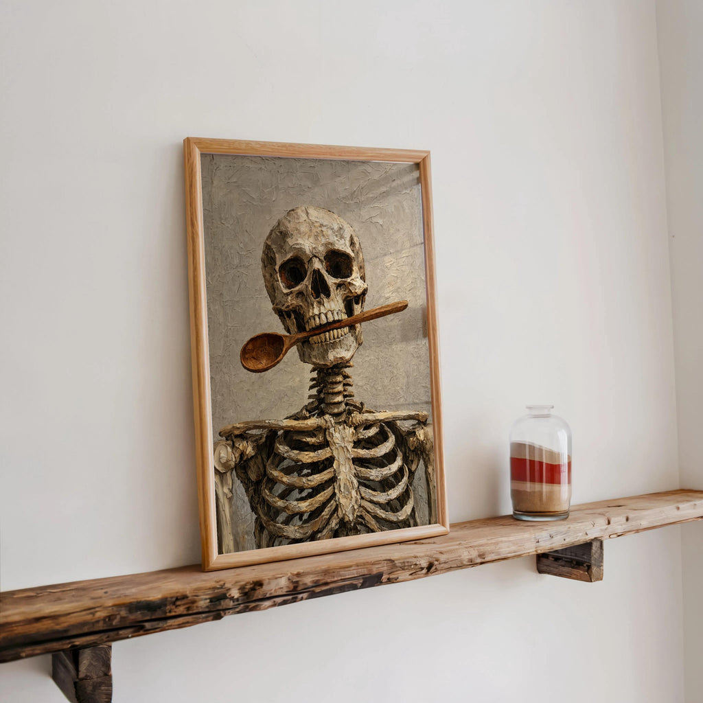 Skeleton Chef Poster, Funny Halloween Print, Skull Kitchen Decor, Macabre Cooking Painting, Quirky Gothic Creepy Cute Hanging, Autumn Gift