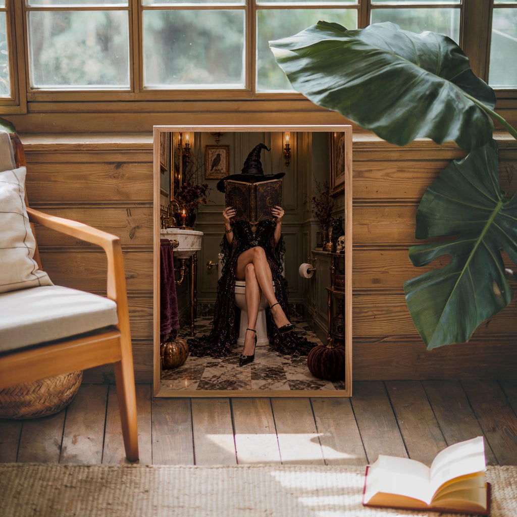 Witch Reading on Toilet Wall Art, Funny Vintage Halloween Print, Gothic Bathroom Poster, Elegant Spooky Decor, Witchy Restroom Dark Academia