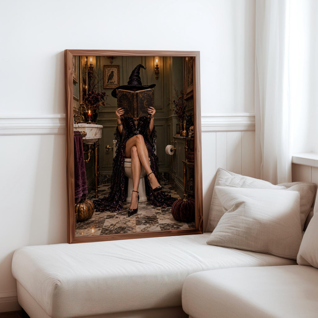 Witch Reading on Toilet Wall Art, Funny Vintage Halloween Print, Gothic Bathroom Poster, Elegant Spooky Decor, Witchy Restroom Dark Academia