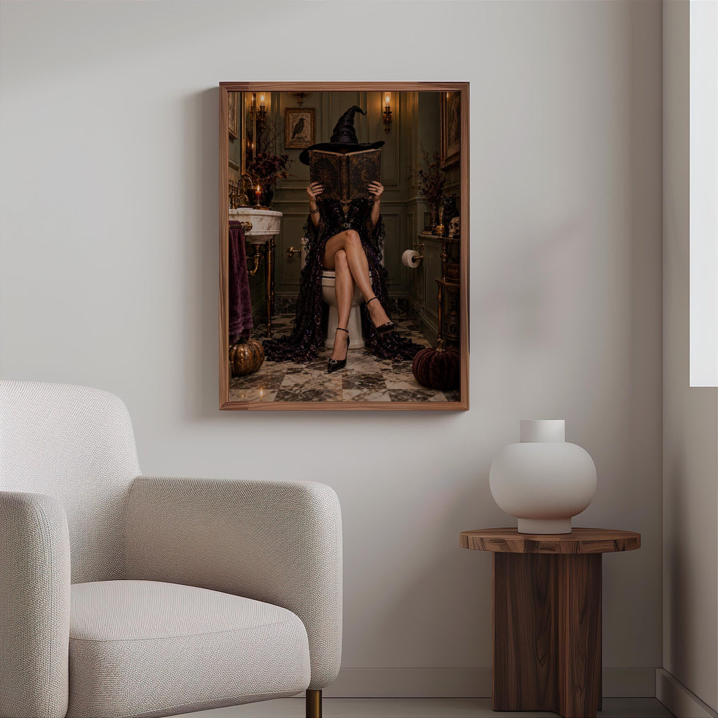 Witch Reading on Toilet Wall Art, Funny Vintage Halloween Print, Gothic Bathroom Poster, Elegant Spooky Decor, Witchy Restroom Dark Academia