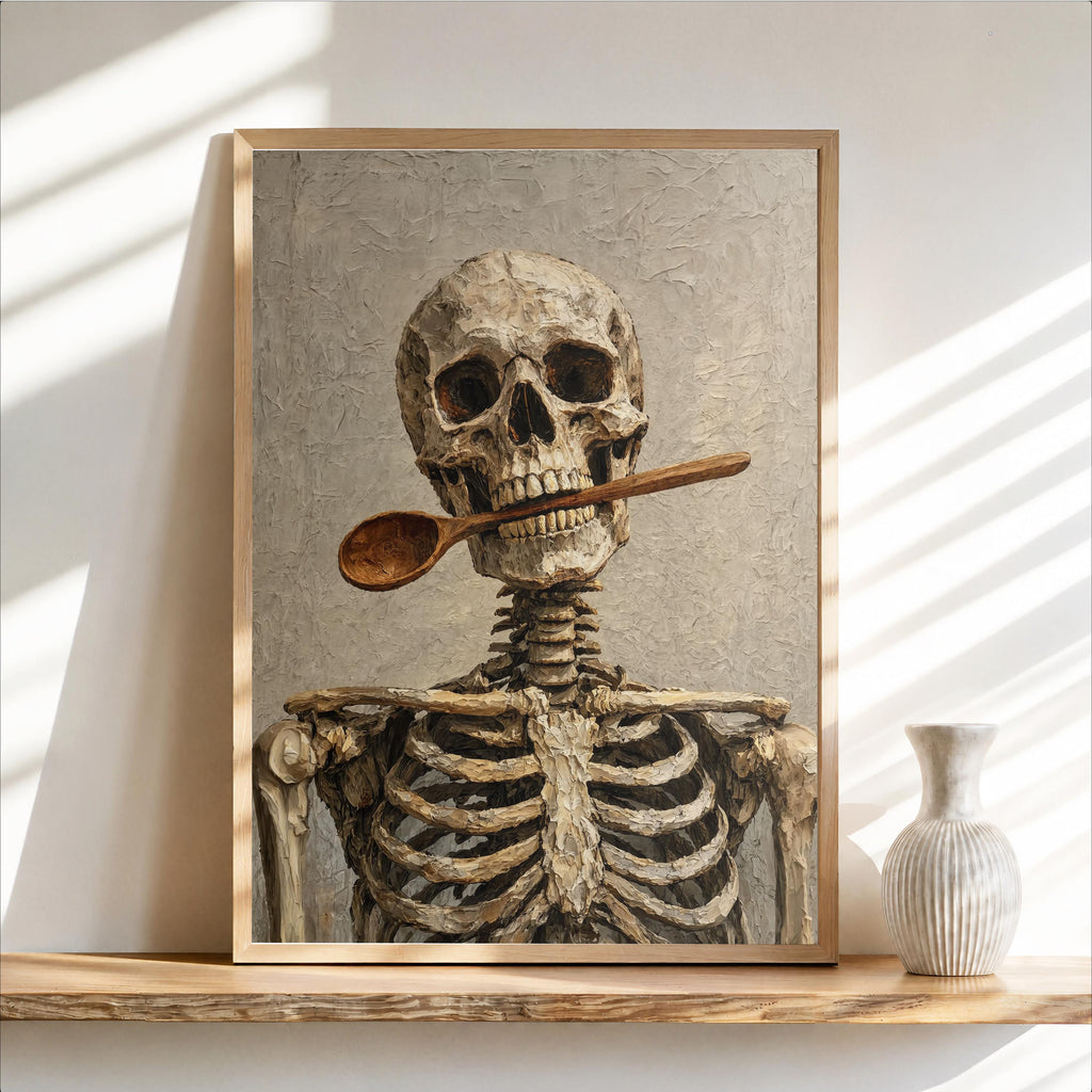 Skeleton Chef Poster, Funny Halloween Print, Skull Kitchen Decor, Macabre Cooking Painting, Quirky Gothic Creepy Cute Hanging, Autumn Gift