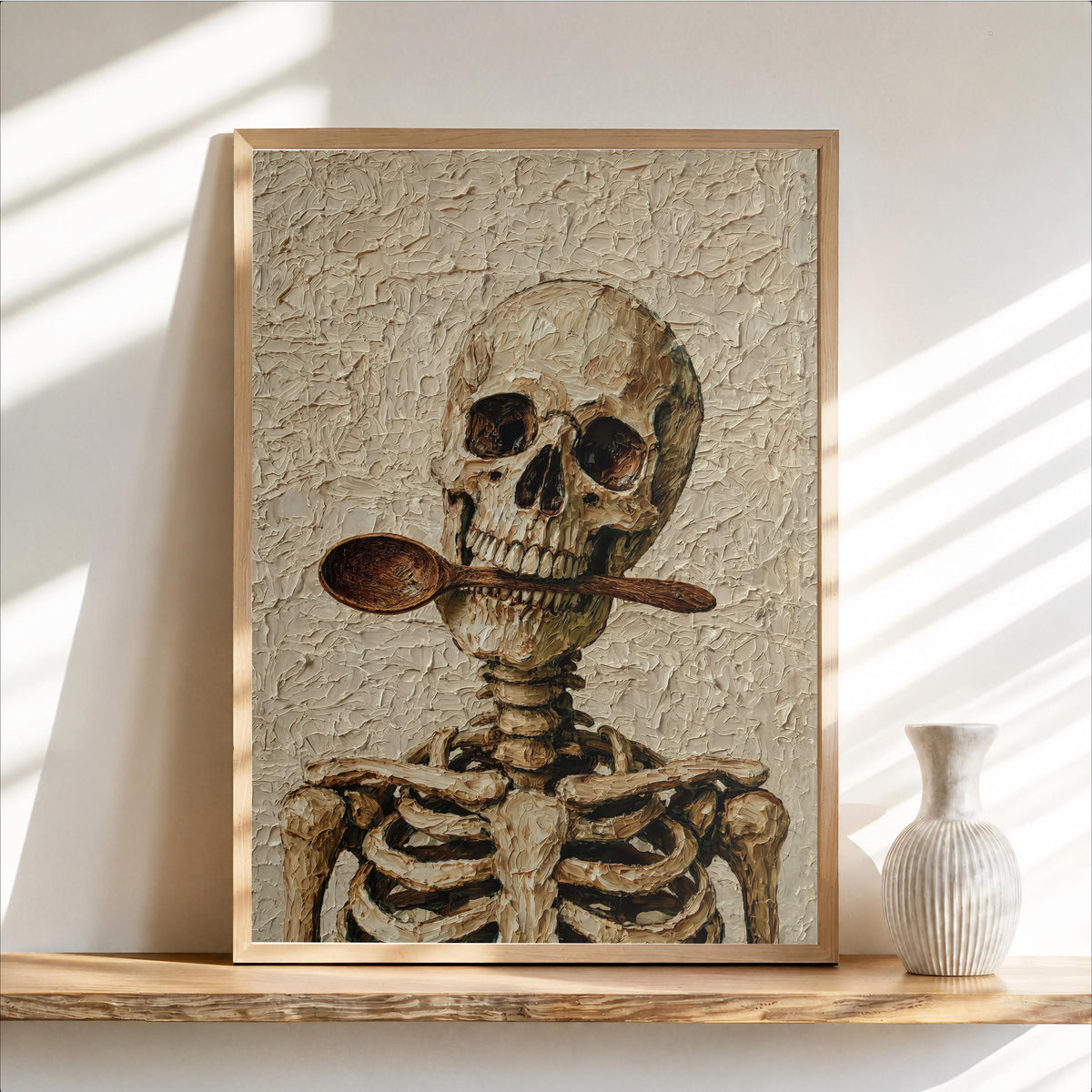Framed sepia skeleton chef wall art leans on a wood shelf, beige tones, distressed vintage texture.