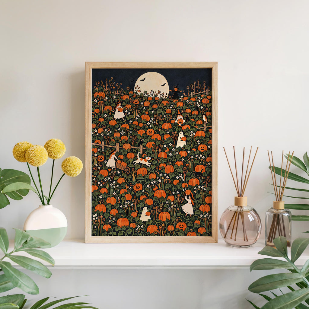 Pumpkin Patch Halloween Harvest Print, Whimsical Ghost Wall Art, Autumn Fall Poster, Folk Illustration, Spooky Season Gift, Kids Room Decor